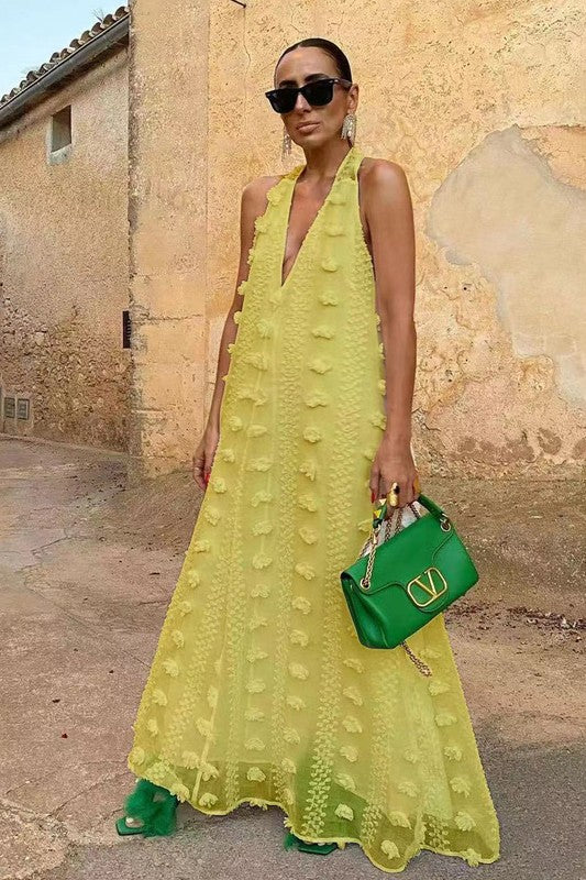 Textured Halter Maxi Dress - Yellow