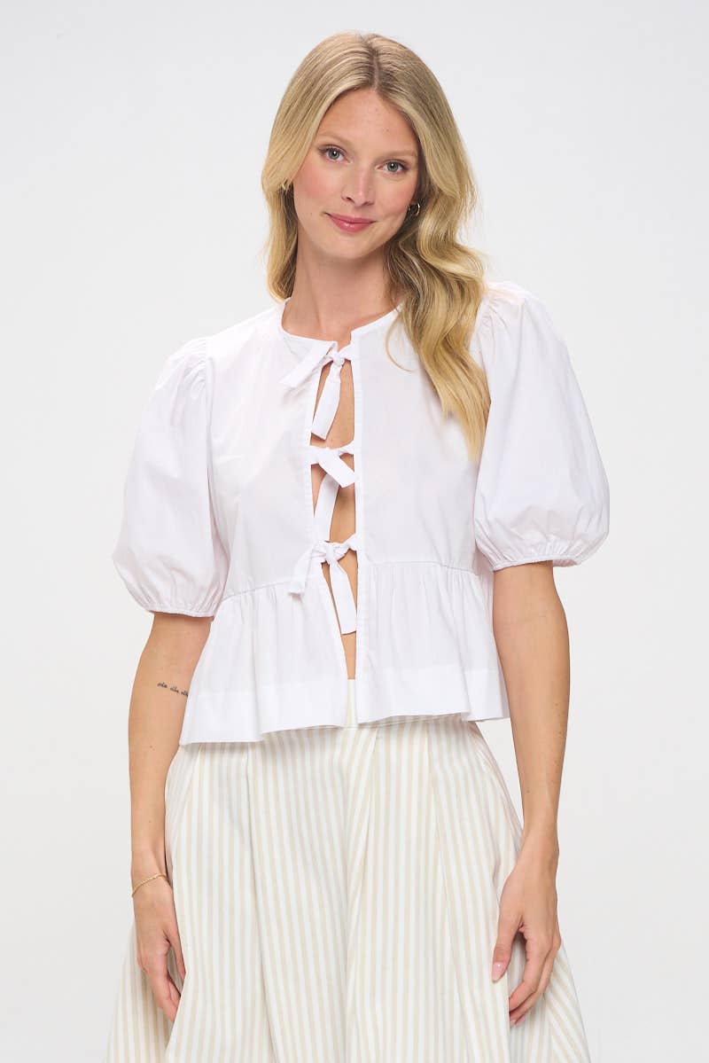 Cotton Puff Sleeve Top with Front Tie Detail