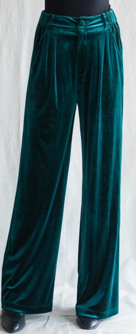 Velvet Wide Leg Pants - Hunter Green