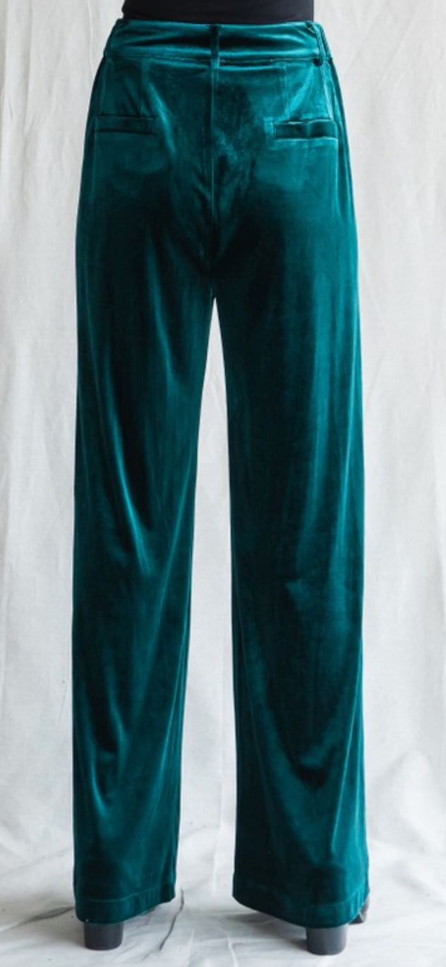 Velvet Wide Leg Pants - Hunter Green