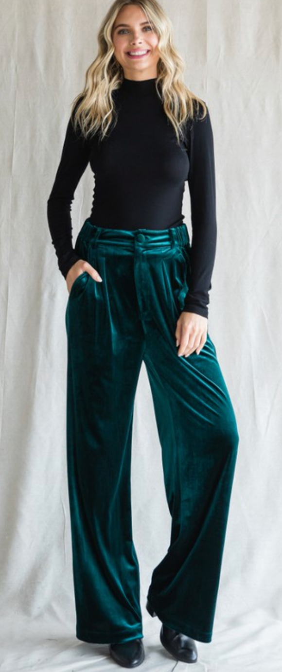 Velvet Wide Leg Pants - Hunter Green