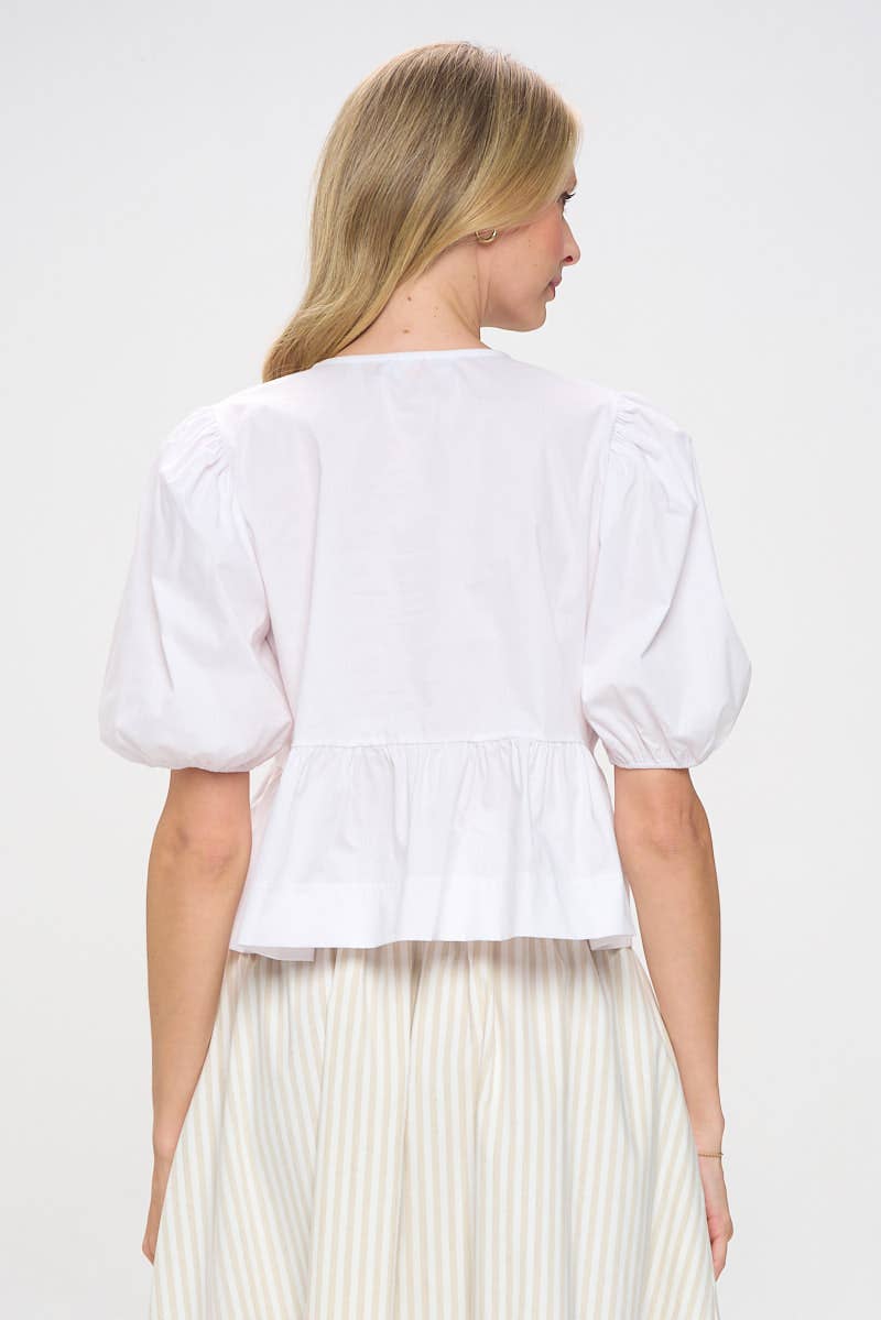 Cotton Puff Sleeve Top with Front Tie Detail